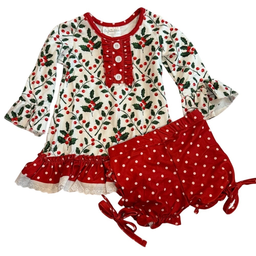 NWOT Sugar Bee Festive‎ Holly Print nightgown and Polka Dot bottoms 9M